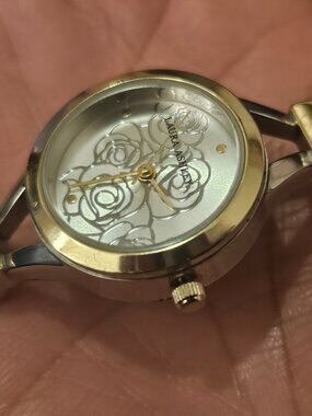 Laura Ashley Women Gold Tone Flower Dial Round Case Link Bracelet Band Watch